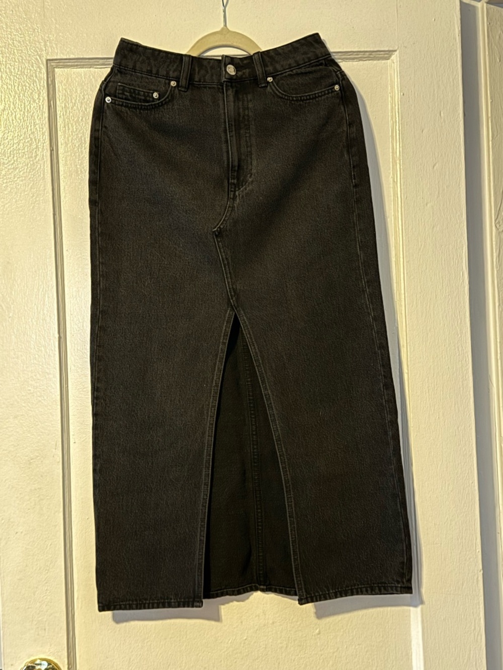 H&M Black Denim Midi Skirt Front Slit